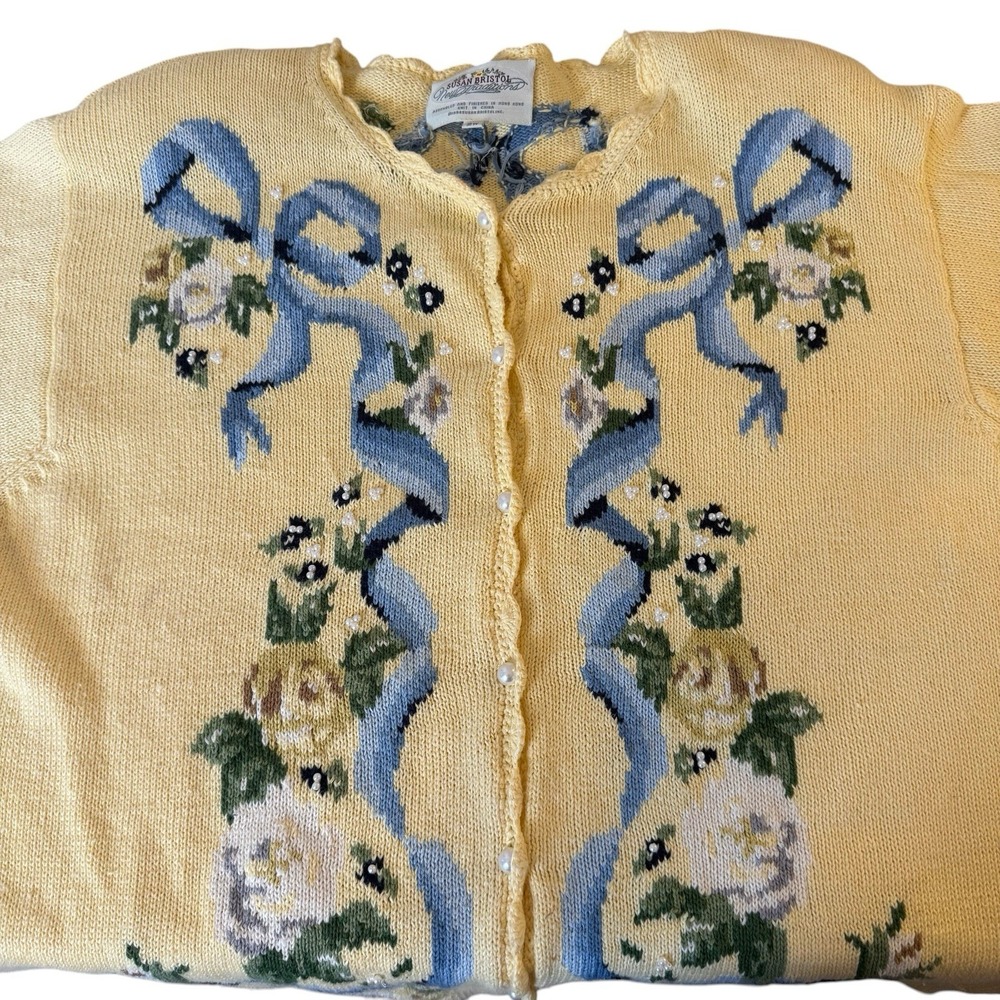 Vintage Susan Bristol Pale Yellow Knit Cardigan Sweater Blue Ribbon Bows Size 2X